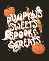 Happy Halloween illustration with hand lettering message and cute ghosts and pumpkins, dark photo