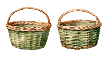 Wicker basket, garden watercolor clipart illustration with isolated background png