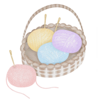 Basket full of yarn balls and needles png