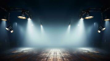 A closeup of Stage with red carpet and spotlights, Stage Podium Scene, Stage Background Spotlights illuminate the stage Lighting equipment Stage Spotlight background Generative AI photo