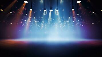 A photo of Stage with red carpet and spotlights, Stage Podium Scene, Stage Background Spotlights illuminate the stage Lighting equipment Stage Spotlight background Generative AI