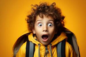Surprised curly boy in yellow jacket and backpack on yellow background back to school day concept Generative AI photo