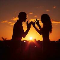 A image of Silhouette of girl and boy on the background of the sunset couple concept Generative AI photo