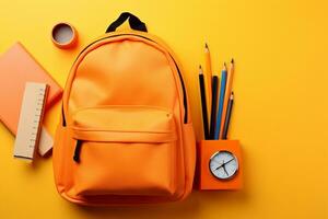 A picture of School backpack with stationery on orange background, top view. Back to school day concept Generative AI photo