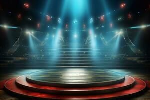 Stage with red carpet and spotlights, Stage Podium Scene, Stage Spotlights illuminate the stage Lighting equipment Stage Spotlight Generative AI photo