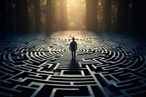 A image of Businessman standing in the middle of a maze and looking at the exit game concept Generative AI photo