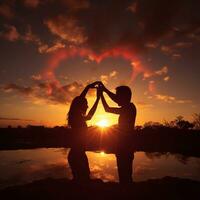 Silhouette of husband and wife in the shape of a heart on the background of the sunset couple concept Generative AI photo