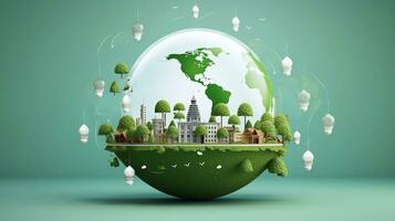 Eco city concept Earth globe with green cityscape and light bulb Generative AI photo