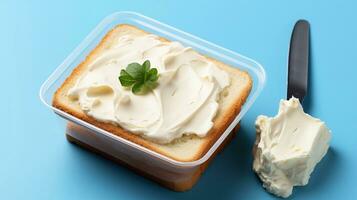 A picture of Butter in a plastic container on a blue background with bread. Generative AI photo