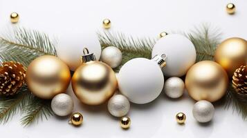 A image of Christmas and New Year background. Golden and silver decorations on a white background. Generative AI photo