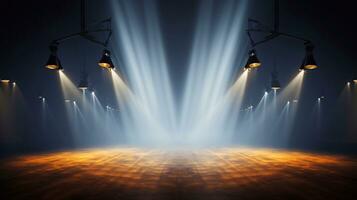 A image of Stage with red carpet and spotlights, Stage Podium Scene, Stage Background Spotlights illuminate the stage Lighting equipment Stage Spotlight background Generative AI photo