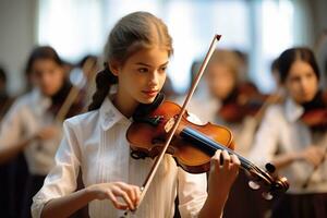 un imagen de pequeño niña jugando el violín en el colegio orquesta. educación concepto guitarra actividad concepto generativo ai foto