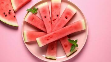 Plate with tasty watermelon slices on pink background, closeup Generative AI photo