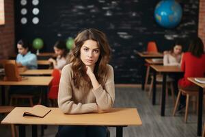 A picture of Thoughtful young woman looking at camera while sitting at table in classroom Generative AI photo