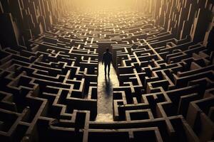 A picture of Businessman standing in the middle of a maze and looking at the exit game concept Generative AI photo