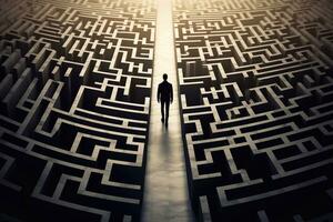 A photo of Businessman standing in the middle of a maze and looking at the exit game concept Generative AI