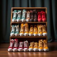 Colorful sneakers on a shelf in a shoe store. Selective focus. Ready shoes Generative AI photo