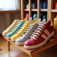 A photo of Colorful sneakers on a shelf in a shoe store. Selective focus. Ready shoes Generative AI