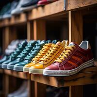 A picture of Colorful sneakers on a shelf in a shoe store. Selective focus. Ready shoes Generative AI photo