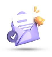 3d rendering of envelope with a bell and a check mark png