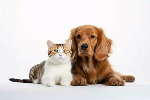 foto perro y gato en un llanura blanco antecedentes. ai generado