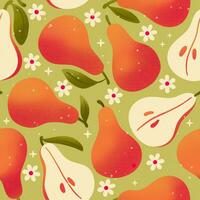 Seamless pattern with hand drawn pears on light green background. Fruit and floral design in bright colors. Colorful illustration. photo