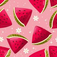 sin costura modelo con mano dibujado sandía rebanadas en rosado antecedentes. Fruta y floral diseño en brillante colores. vistoso ilustración. foto