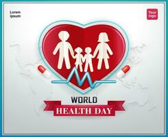 Family of paper cutouts holding hands in a heart shaped craft with a map in the background. 3d vector, suitable for World Health Day, events, campaigns and education vector