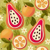 Seamless pattern with hand drawn papayas and oranges on light green background. Fruit and floral design in bright colors. Colorful illustration. photo