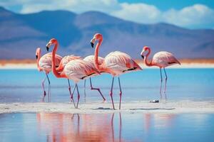 Wild african birds. Group birds of pink african flamingos walking around the blue lagoon on a sunny day. ai generated photo