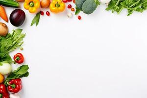 plano laico vegetales en blanco antecedentes comida y dieta concepto. ai generado foto