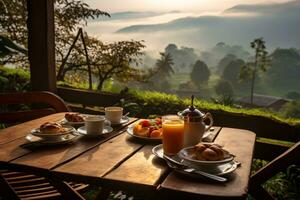 desayuno en un de madera mesa con un natural vista. ai generado foto