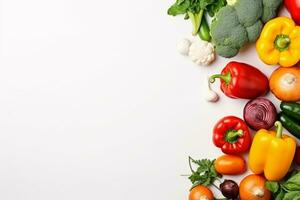 plano laico vegetales en blanco antecedentes comida y dieta concepto. ai generado foto