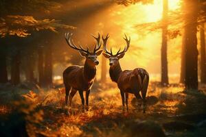 Red Deers in morning Sun. ai generated photo