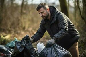 un hombre es limpieza arriba basura. ai generado foto