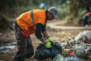 a man is cleaning up rubbish. ai generated photo