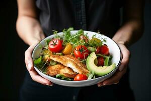 salad with fried fish avocado tomatoes cucumbers and herbs in woman hands. ai generated photo