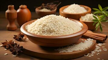 rice in the wooden bowl with other ingredients ai generate photo