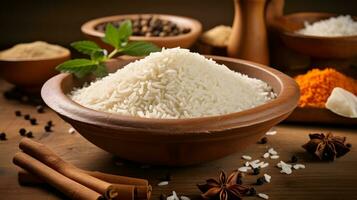 rice in the wooden bowl with other ingredients ai generate photo