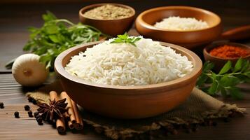 rice in the wooden bowl with other ingredients ai generate photo