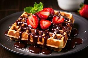 homemade food of berry belgian waffles with honey, chocolate, strawbery. ai generated photo