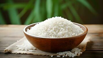 Asian white rice or uncooked white rice with the rice field back ai generate photo