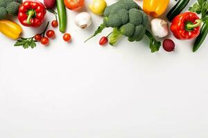 flat lay vegetables on white background food and diet concept. ai generated photo