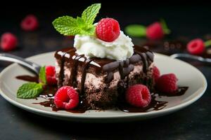 chocolate raspberry dessert with fresh mint topping. ai generated photo