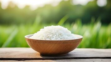 Asian white rice or uncooked white rice with the rice field back ai generate photo