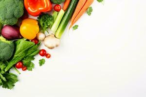 plano laico vegetales en blanco antecedentes comida y dieta concepto. ai generado foto