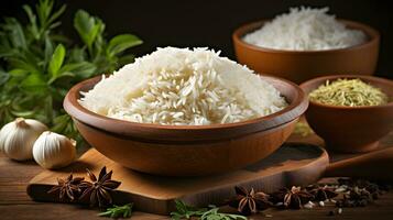 rice in the wooden bowl with other ingredients ai generate photo