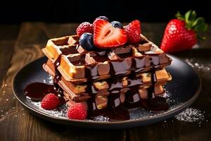 homemade food of berry belgian waffles with honey, chocolate, strawbery. ai generated photo