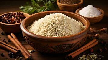 rice in the wooden bowl with other ingredients ai generate photo