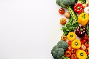 plano laico vegetales en blanco antecedentes comida y dieta concepto. ai generado foto